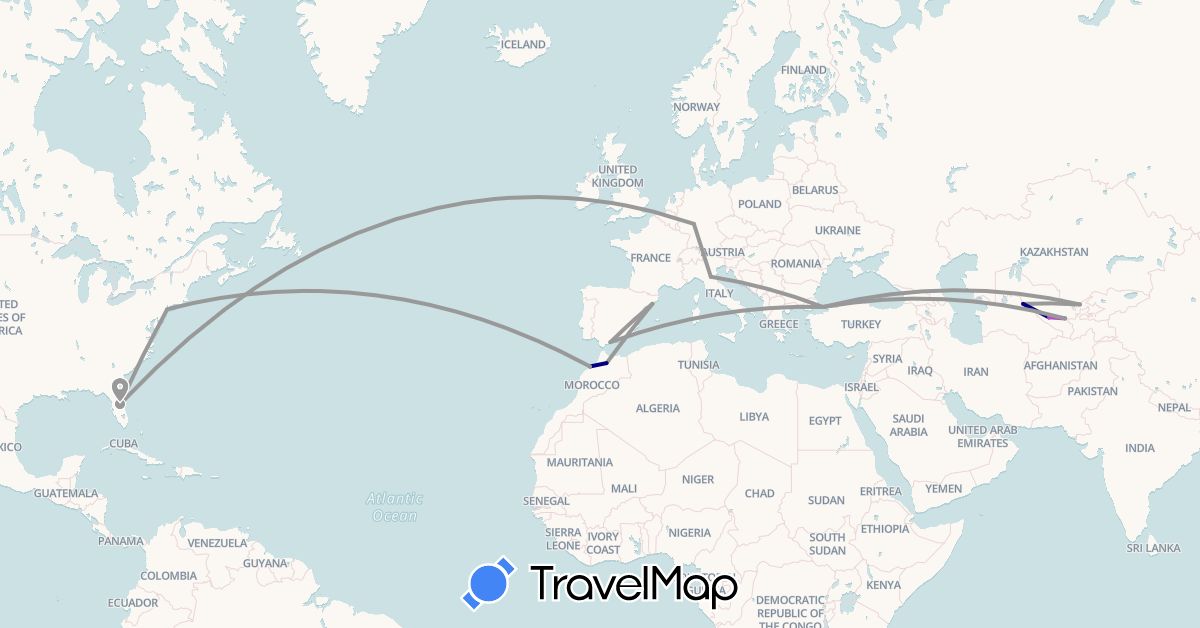 TravelMap itinerary: driving, plane, train in Germany, Spain, Italy, Morocco, Turkey, United States, Uzbekistan (Africa, Asia, Europe, North America)